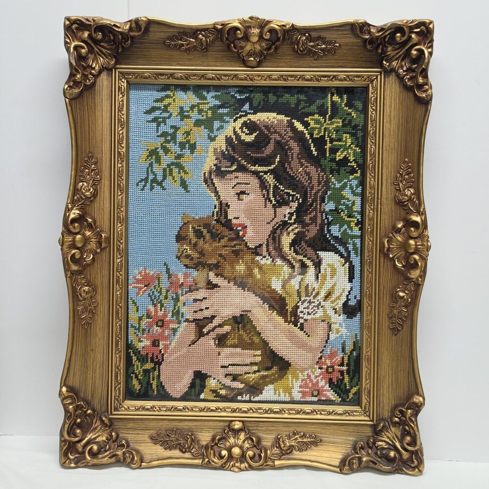 Vintage Needlepoint Embroidery Framed Portrait Girl With Kitty Cat